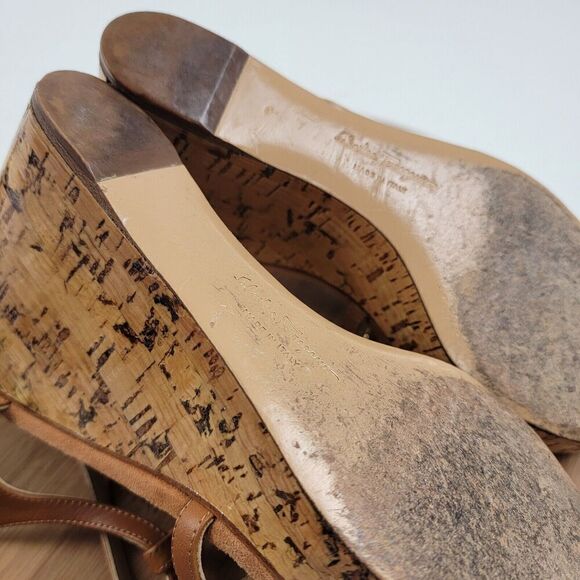 Salvatore Ferragamo Platform Cork Wedges Brown Leather Sandals Size 8.5 B Italy - Picture 13 of 16
